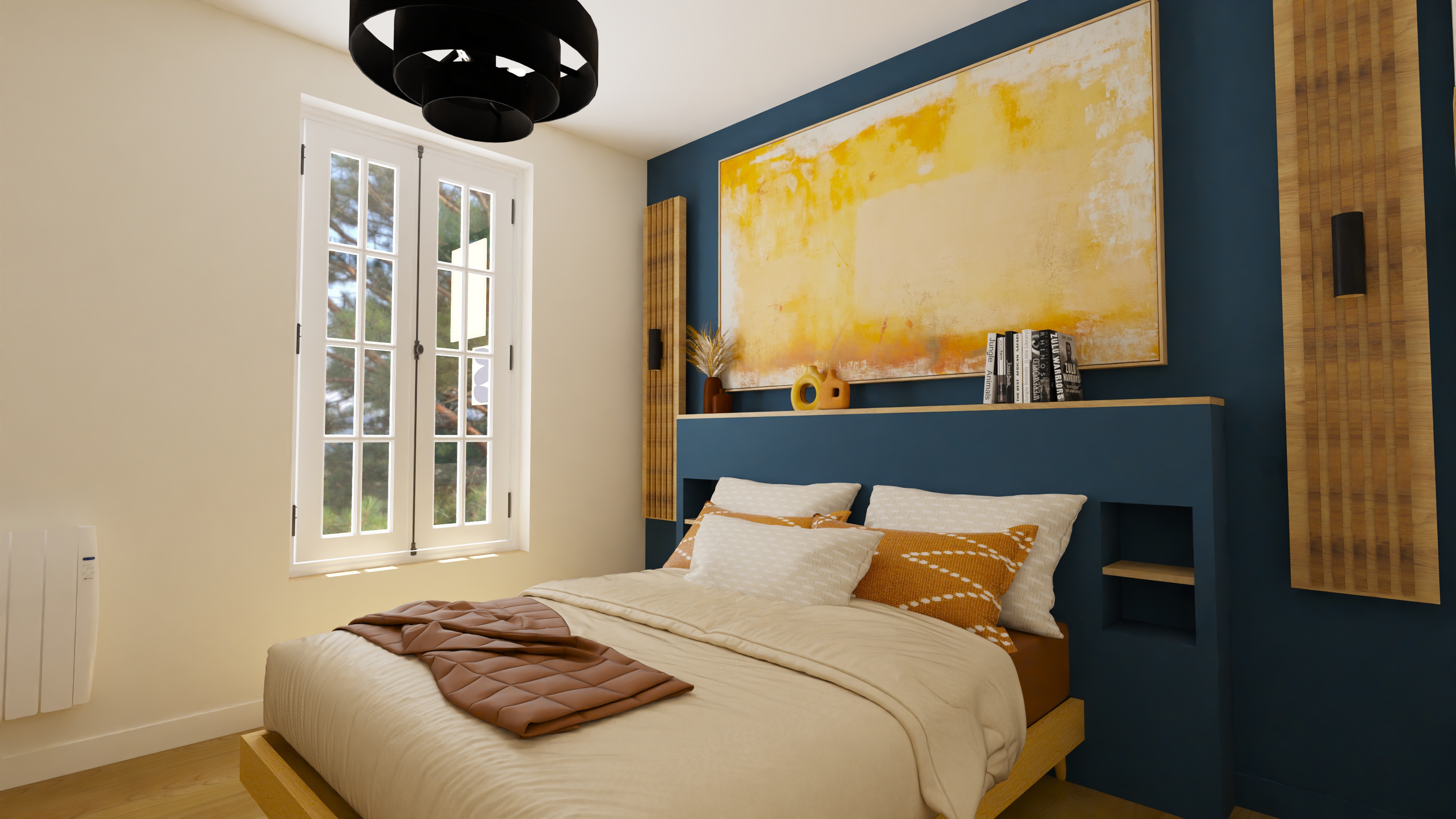 Chambre bleu et ocre, rendu 3D par Projection Déco