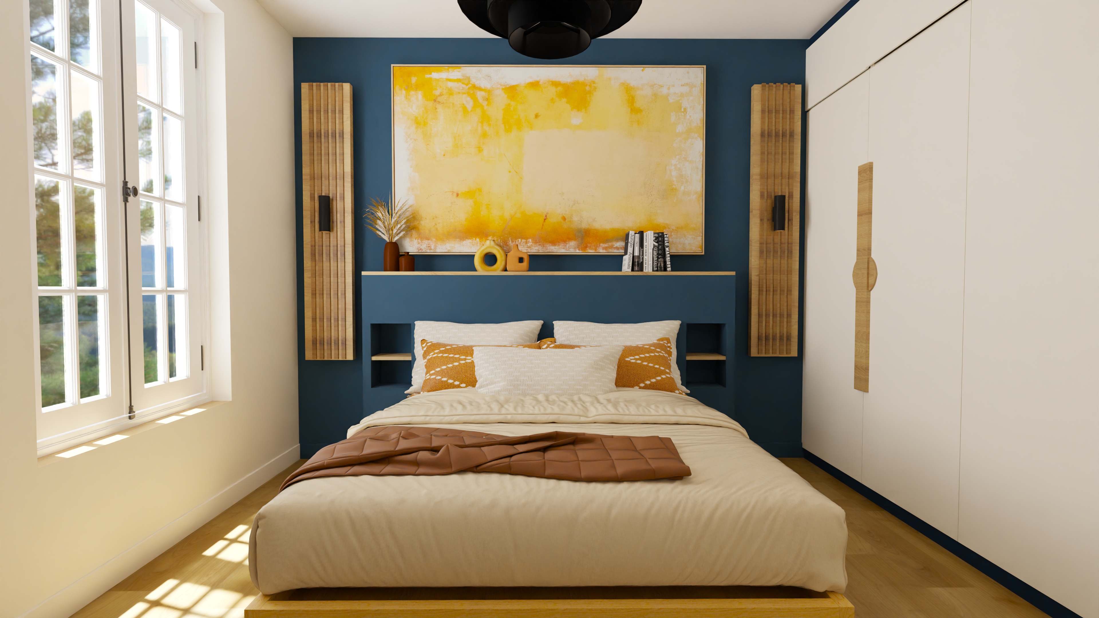 Décoration chambre bleu et ocre par Projection Déco