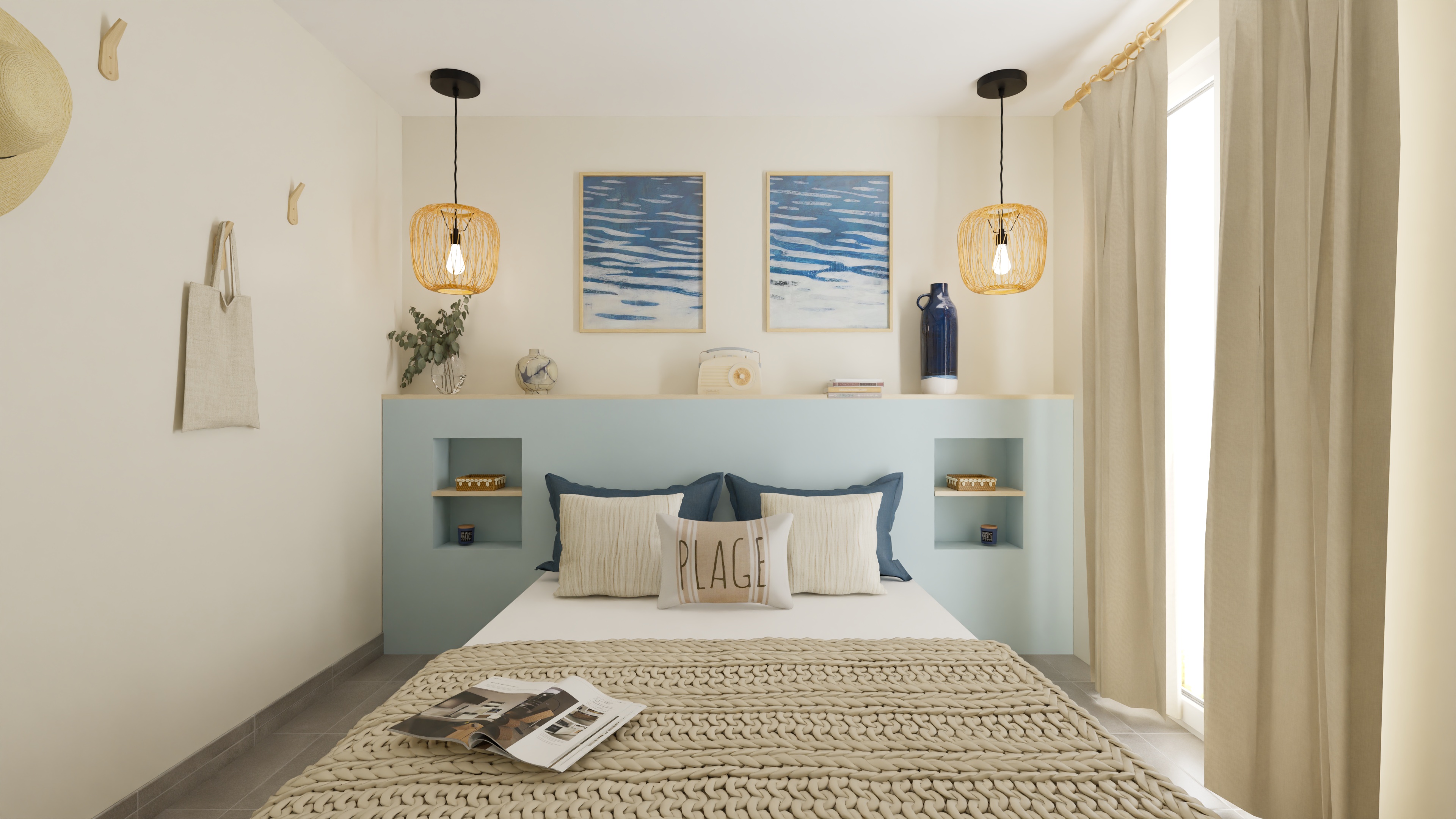 Chambre esprit plage bleu et lin par Projection Déco