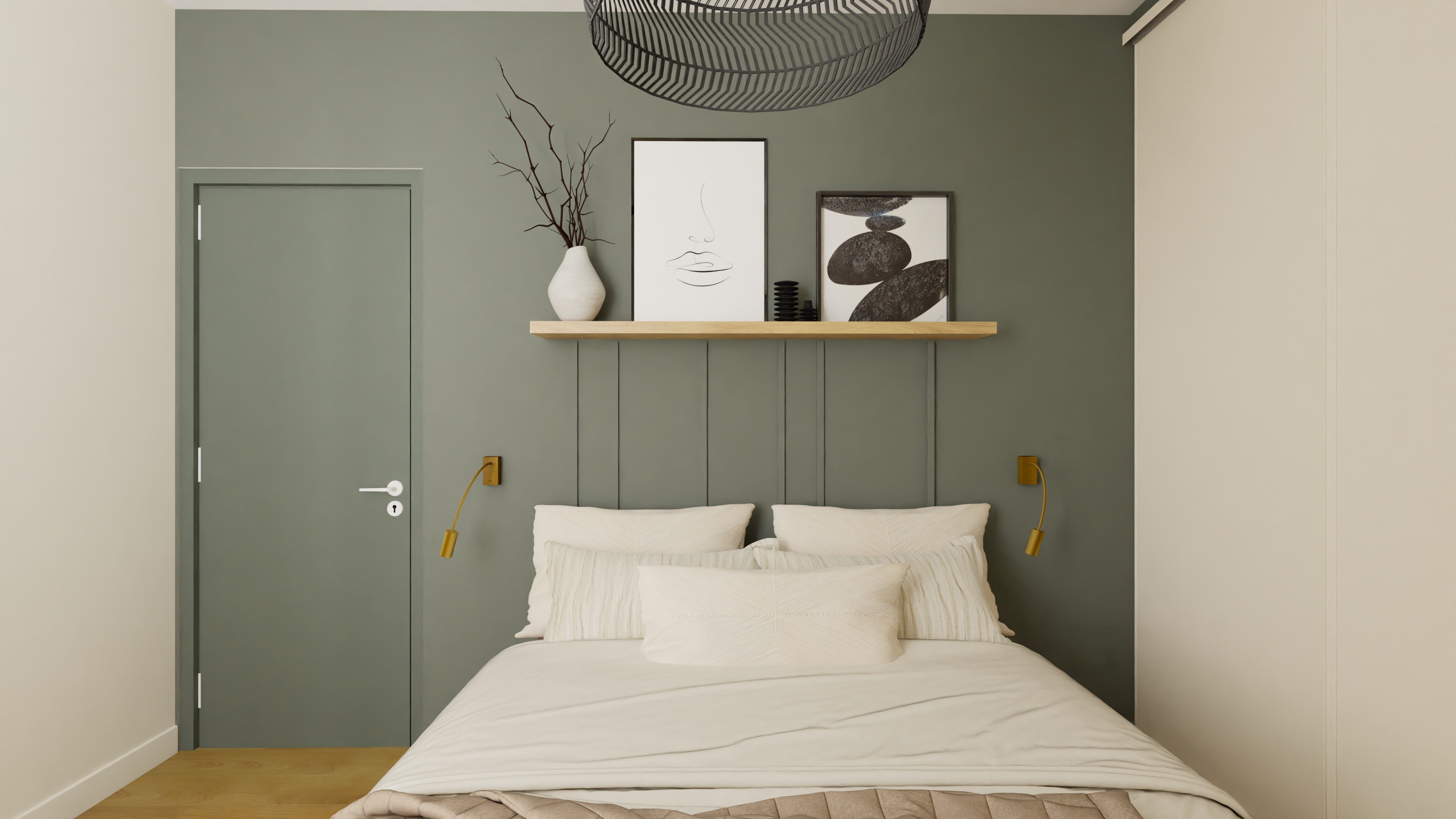Chambre vert sauge avec cadres décoratifs par Projection Déco