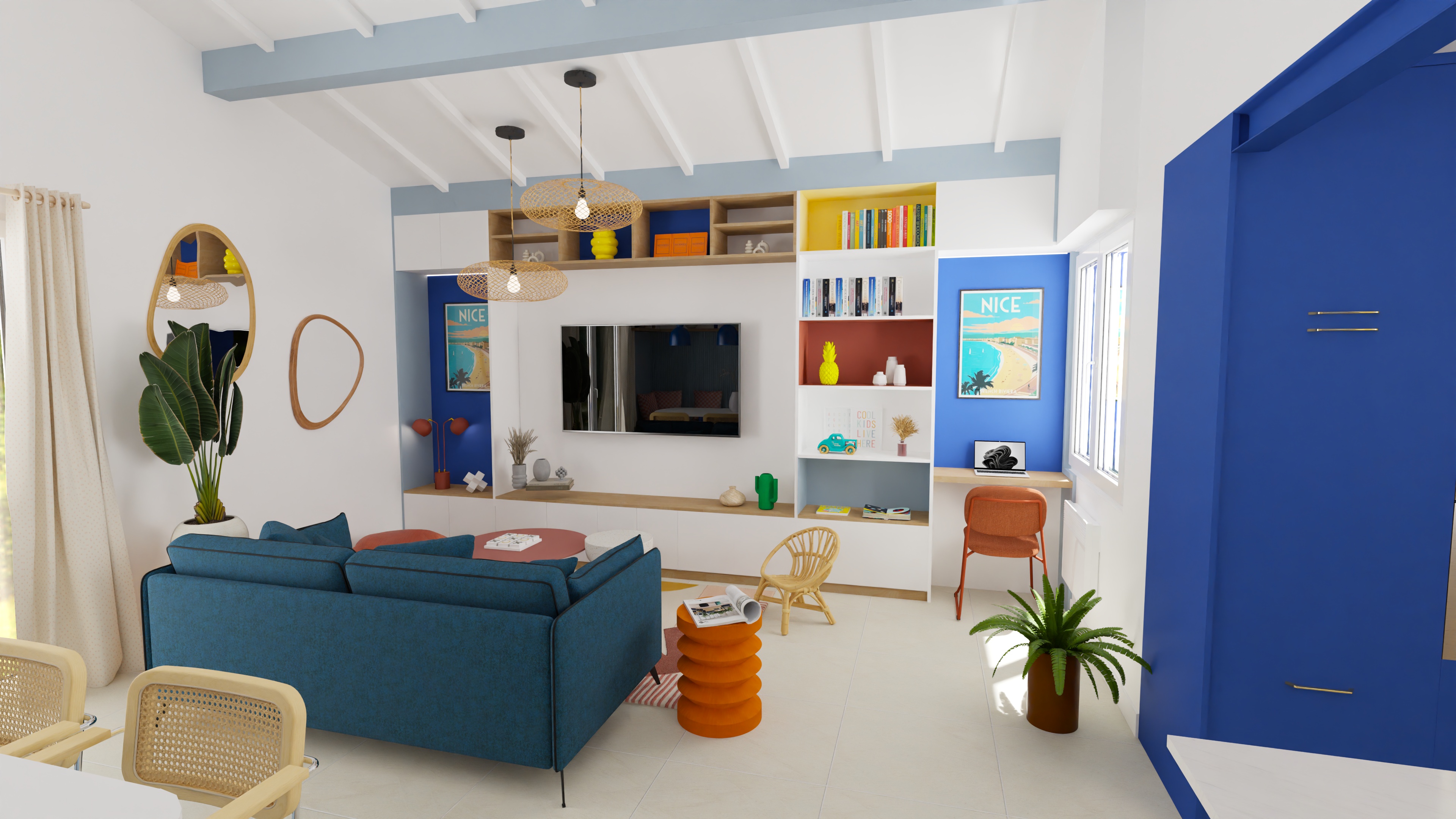 Salon coloré bleu et orange par Projection Déco